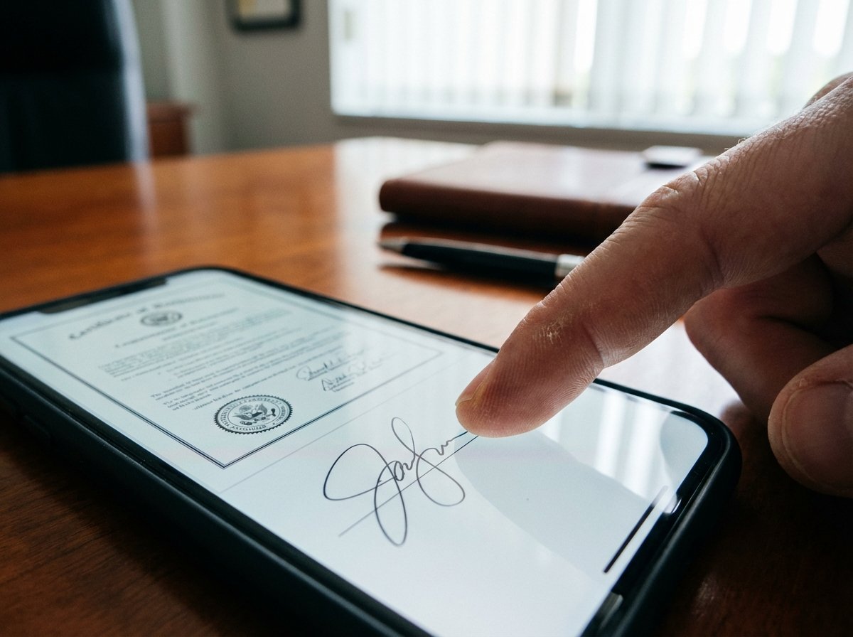 Close up of a finger drawing a signature on a smartphone screen displaying a formal document. Professional setting, soft lighting, focus on the interaction, no text, 4:3 aspect ratio.