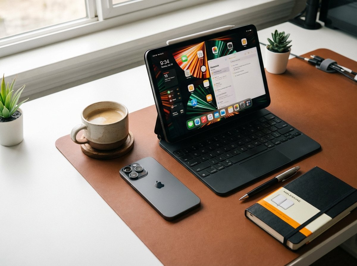 A well-organized desk with an iPhone, a tablet, and a cup of coffee. The environment feels productive and clean. High-quality lifestyle photography, 4:3 aspect ratio, no text.