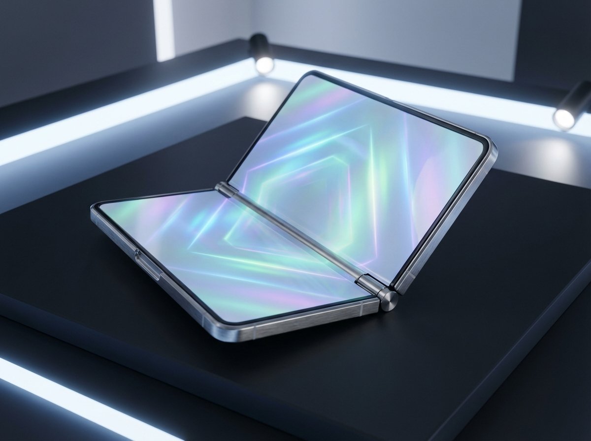 Futuristic foldable smartphone opening like a book, premium metallic finish, glowing screen showing a colorful interface, high-tech studio lighting, aspect ratio 4:3, no visible text