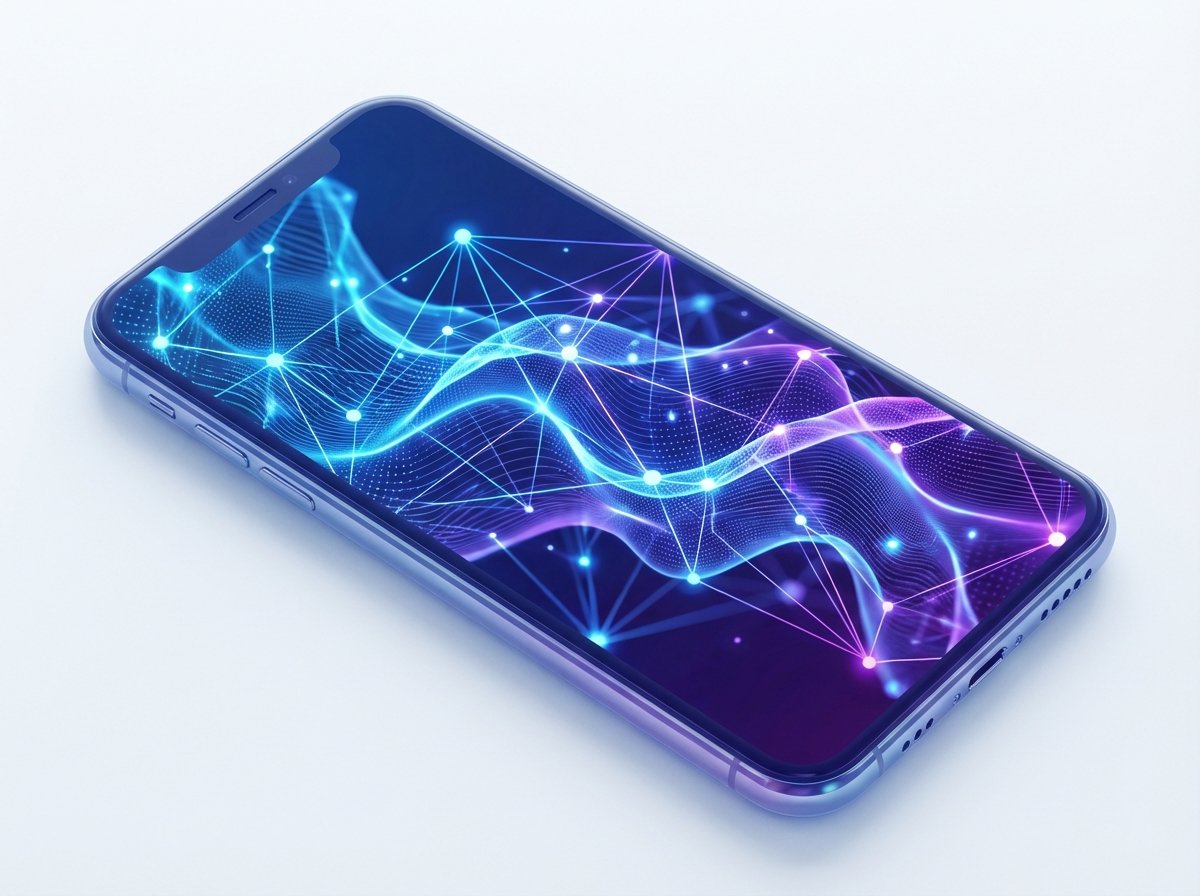 Abstract representation of artificial intelligence neural networks inside a smartphone, bright electric blue and purple gradients, modern digital art, aspect ratio 4:3, no text