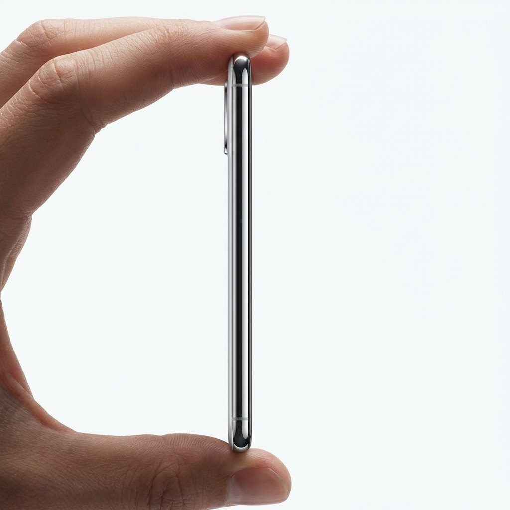 A very thin smartphone held between two fingers to show its slim profile, professional product photography, bright clean background, aspect ratio 1:1, no text