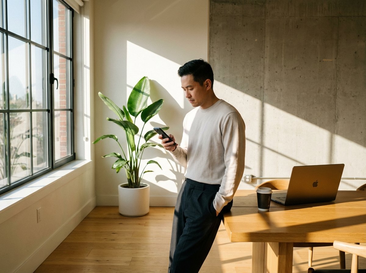 A modern lifestyle photo of a person looking thoughtfully at their smartphone in a bright minimalist room, warm sunlight streaming through the window, high-quality digital tech vibe, aspect ratio 4:3, no visible text