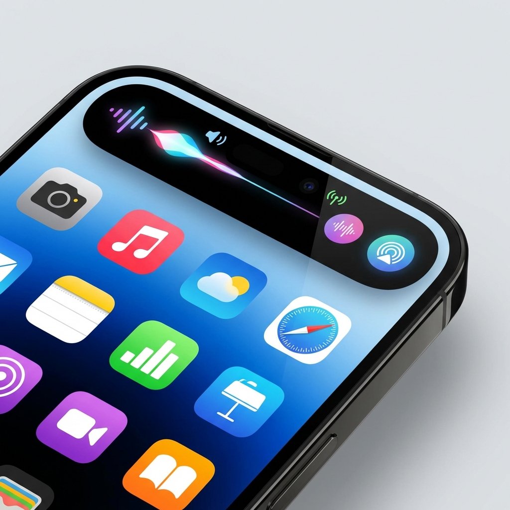 Close-up of a modern smartphone screen showing a sleek dynamic island interface at the top, vibrant app icons, smooth digital display, minimalist tech aesthetic, aspect ratio 1:1, no visible text