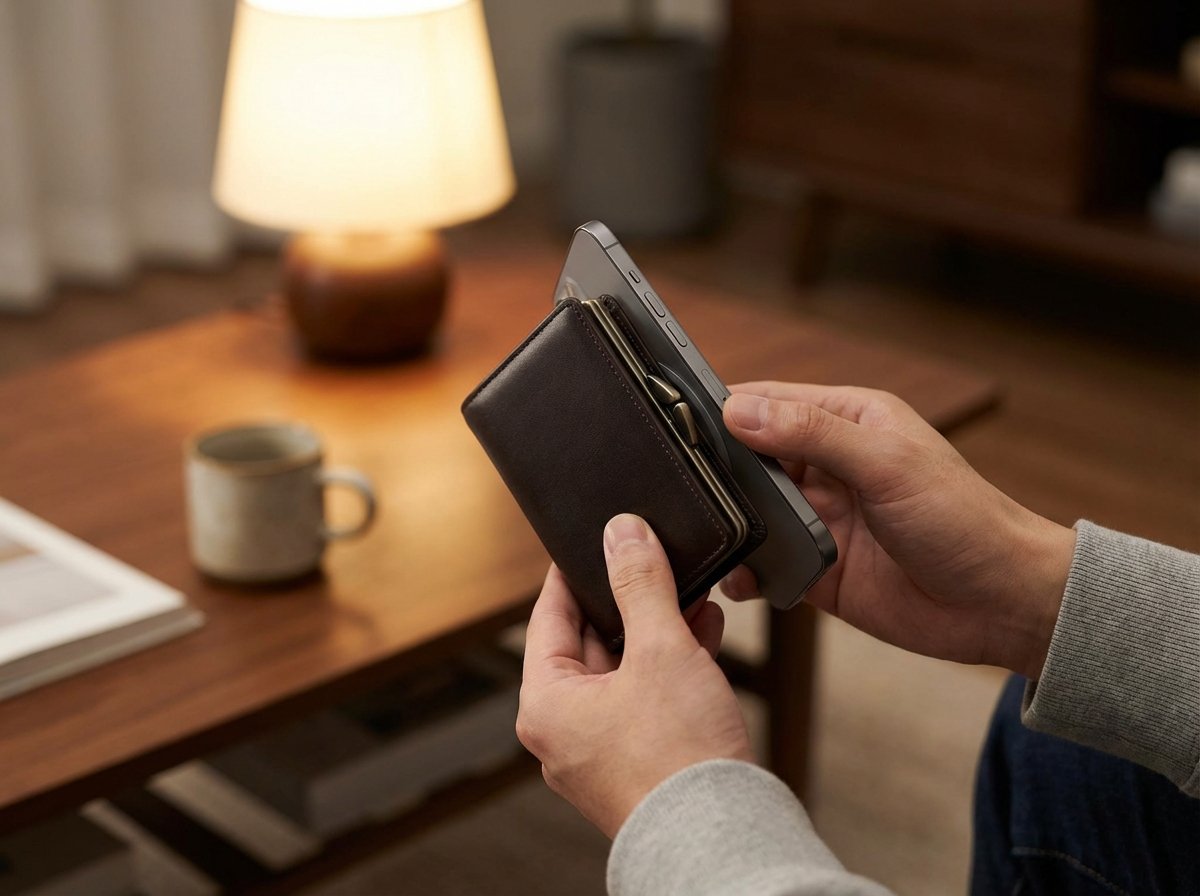 A lifestyle shot showing a magnetic leather wallet snapping onto the back of a sleek smartphone, hands holding the device naturally, soft interior lighting, professional product photography style, aspect ratio 4:3, no visible text