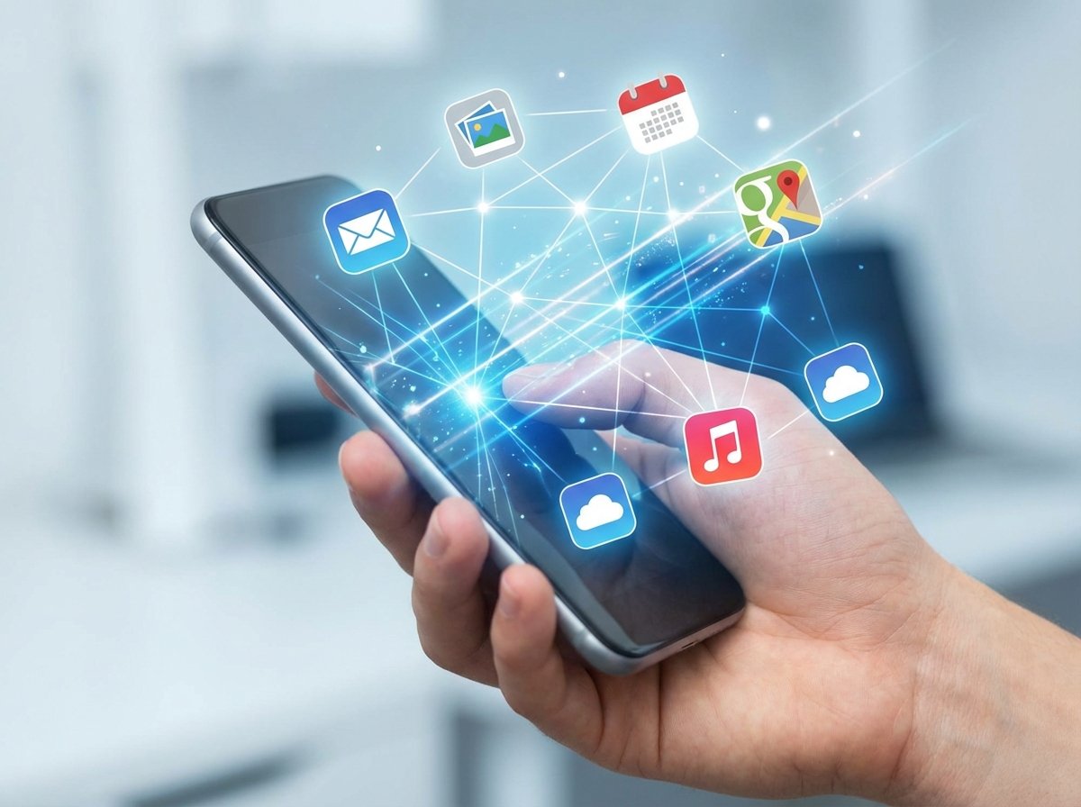 A visual representation of a smartphone screen connecting various app icons like email, photos, and calendar through glowing digital lines. The atmosphere is tech-forward and clean. 4:3 aspect ratio, no text.