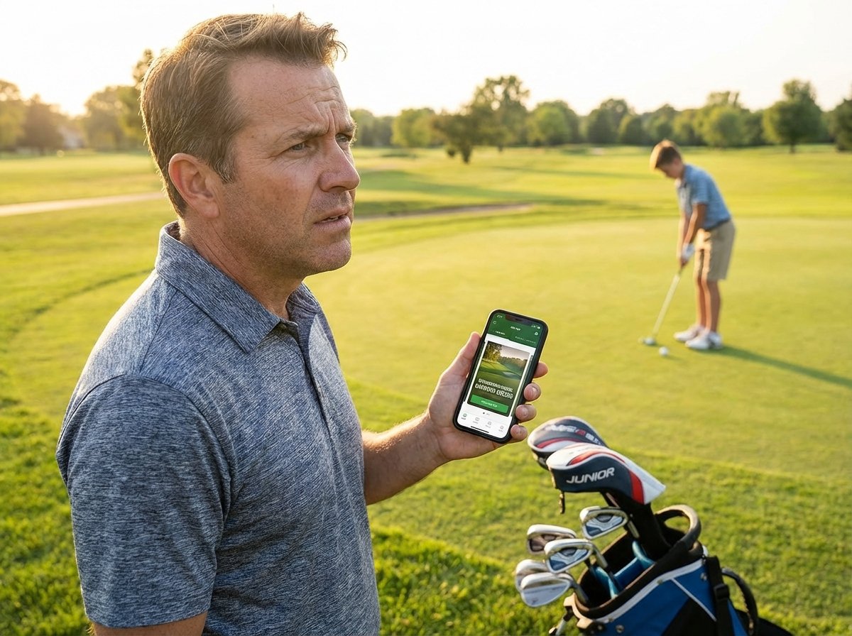 A realistic lifestyle photo of a man showing his phone screen with a golf recommendation, looking confused because he is actually at a golf course to see his son. Warm lighting, natural setting, 4:3 aspect ratio, no text.