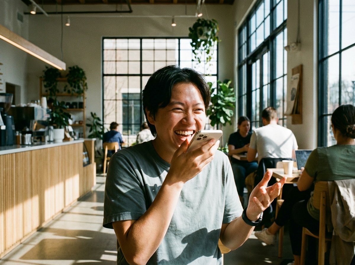 A bright and cheerful person sitting in a modern cafe, interacting naturally with their iPhone using voice commands. Natural daylight, high contrast, clean composition, 4:3 aspect ratio, no text.