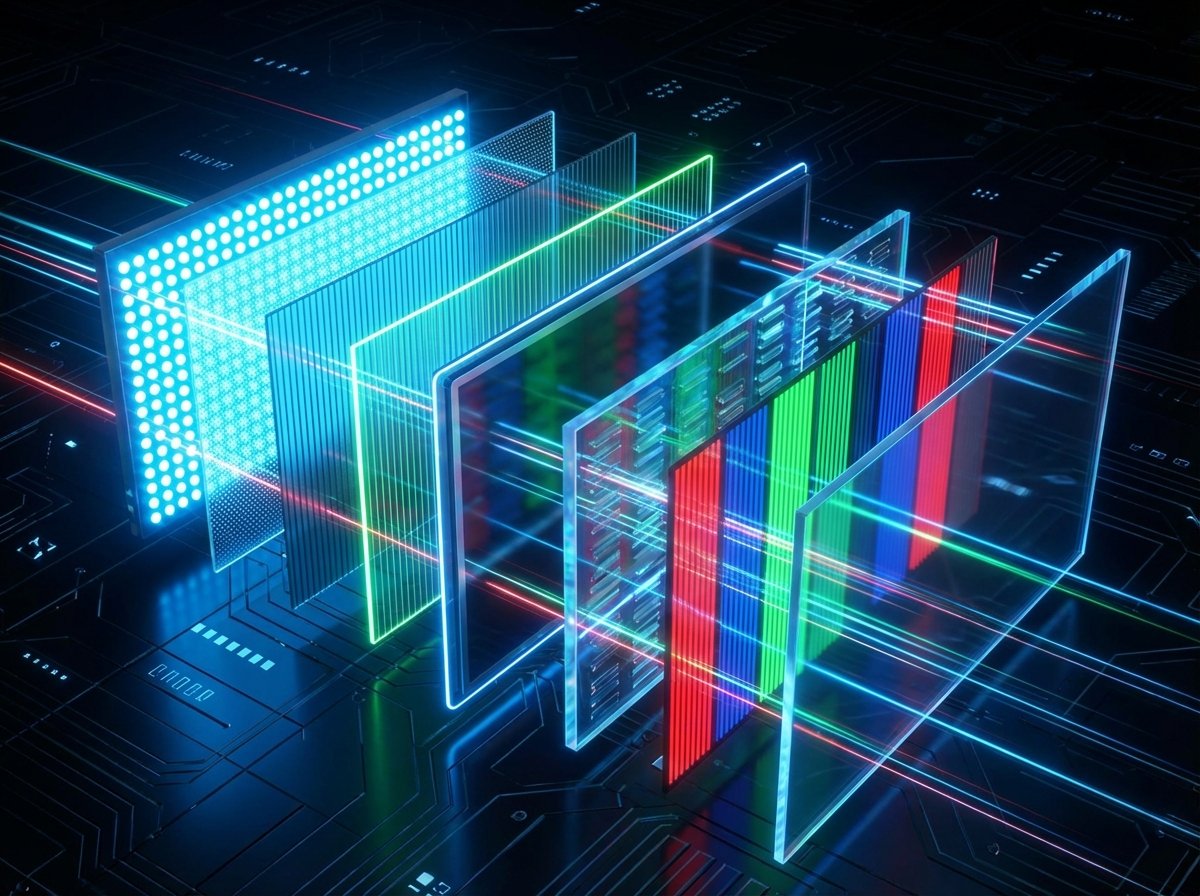 High-performance LCD display panel layers illustration, showing vibrant colors and backlighting technology, modern technology concept, high contrast, 4:3 aspect ratio, no text.