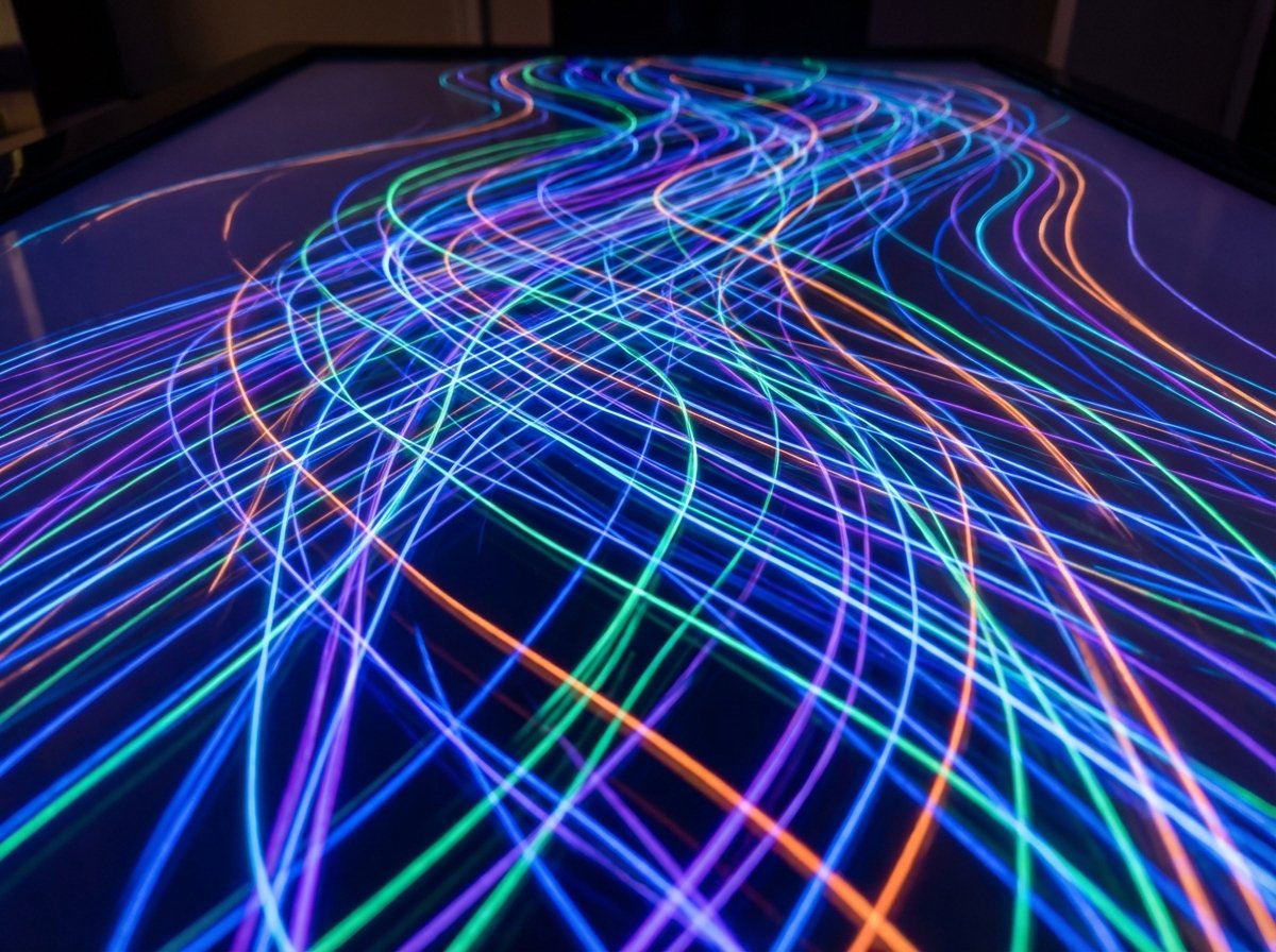 Abstract representation of high refresh rate and smooth motion on a digital screen, vibrant neon lines flowing across a dark background, technological speed concept, 4:3 aspect ratio, no text.