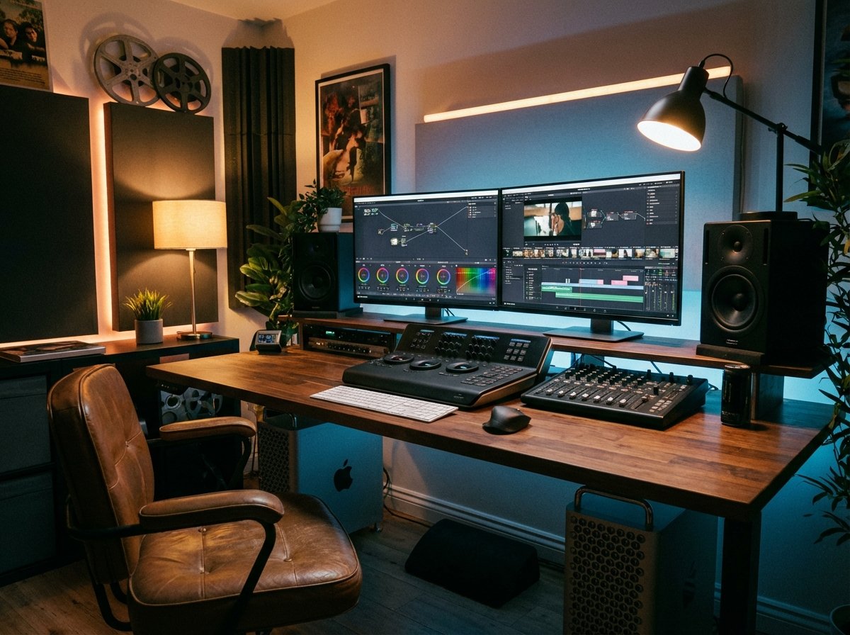 Professional video editing suite with dual high-resolution monitors, cinematic lighting, high-end equipment, creative workspace atmosphere, 4:3 aspect ratio, no text.