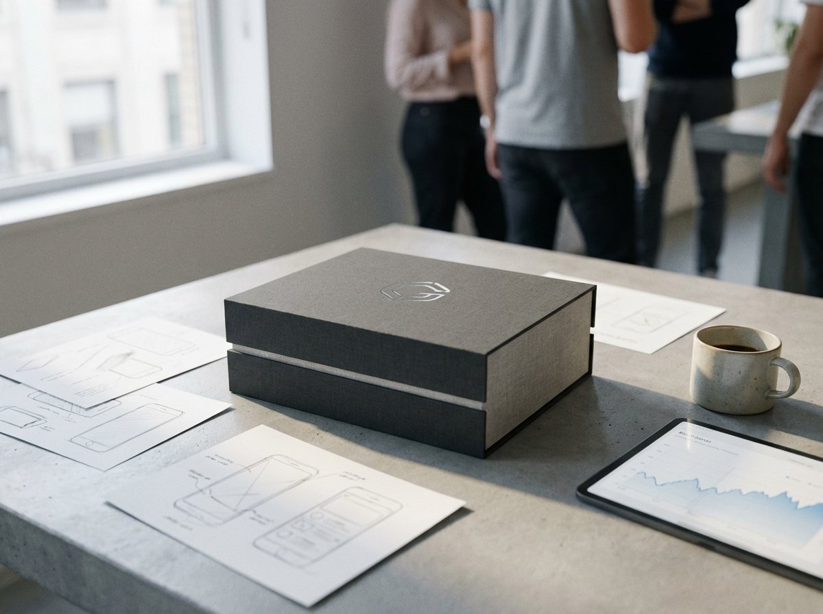 An aesthetic lifestyle photo of a premium electronics box on a minimalist table, soft morning sunlight, exciting tech launch atmosphere, 4:3 aspect ratio, no text.