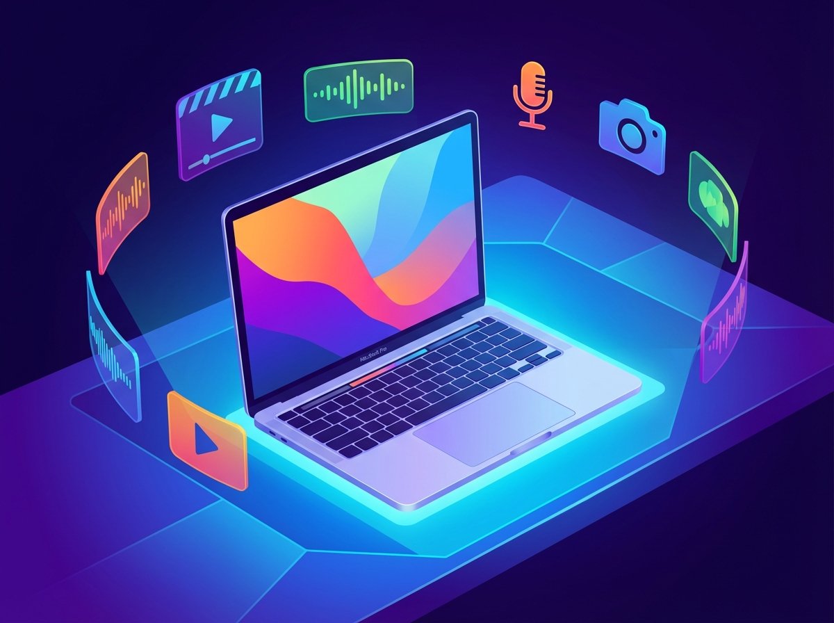 A clean and modern digital illustration of professional creative software icons like video editing and music production tools floating around a sleek MacBook Pro, vibrant Apple aesthetic, high contrast, 4:3, no text