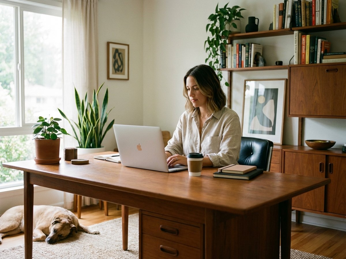A professional creator working on a MacBook Pro in a stylish home office, soft natural lighting, high-quality lifestyle photography, 4:3, no text