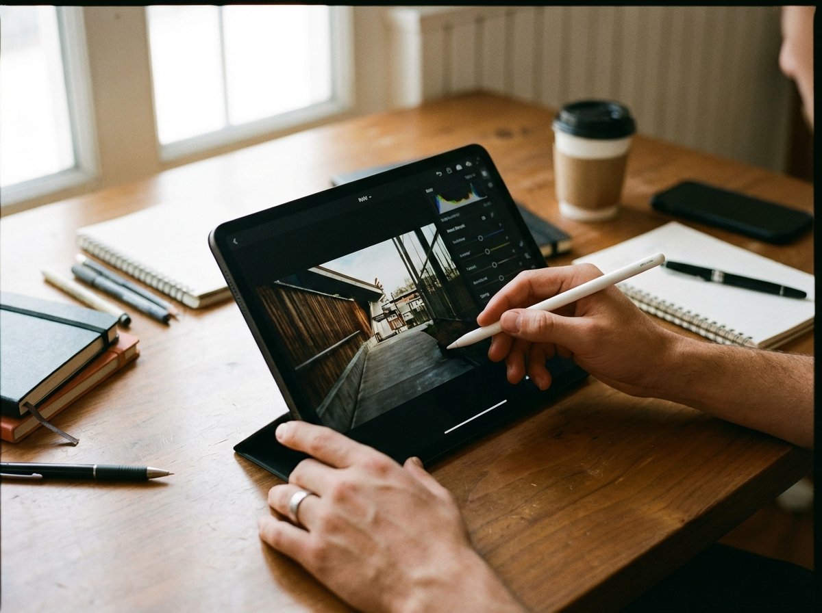 Close up of a person using an Apple Pencil on an iPad Pro to edit a photo, creative workspace background, realistic lighting, 4:3, no text