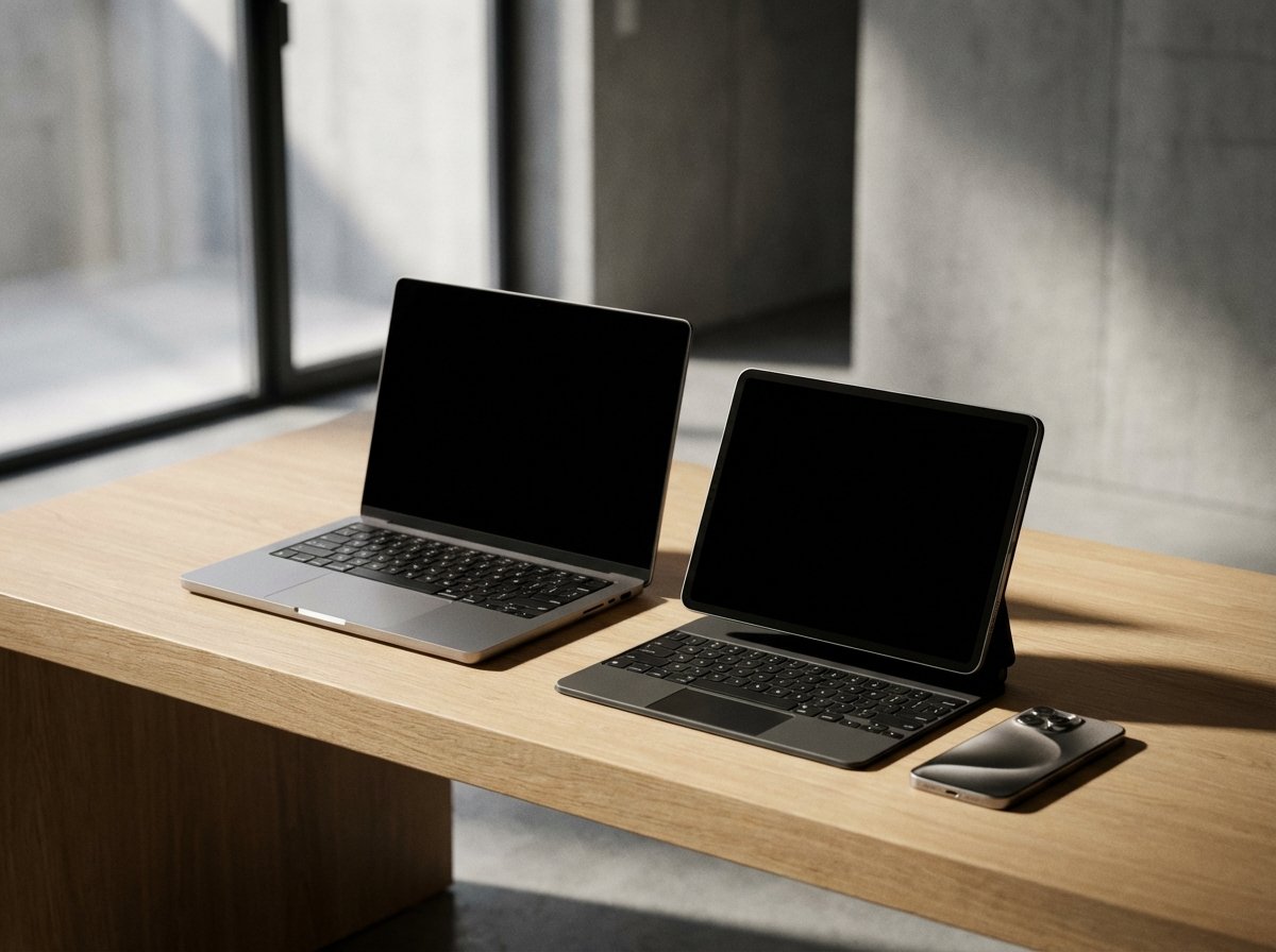 Multiple Apple devices including an iPhone, iPad, and MacBook arranged on a clean desk, cinematic lighting, modern and sleek composition, 4:3, no text