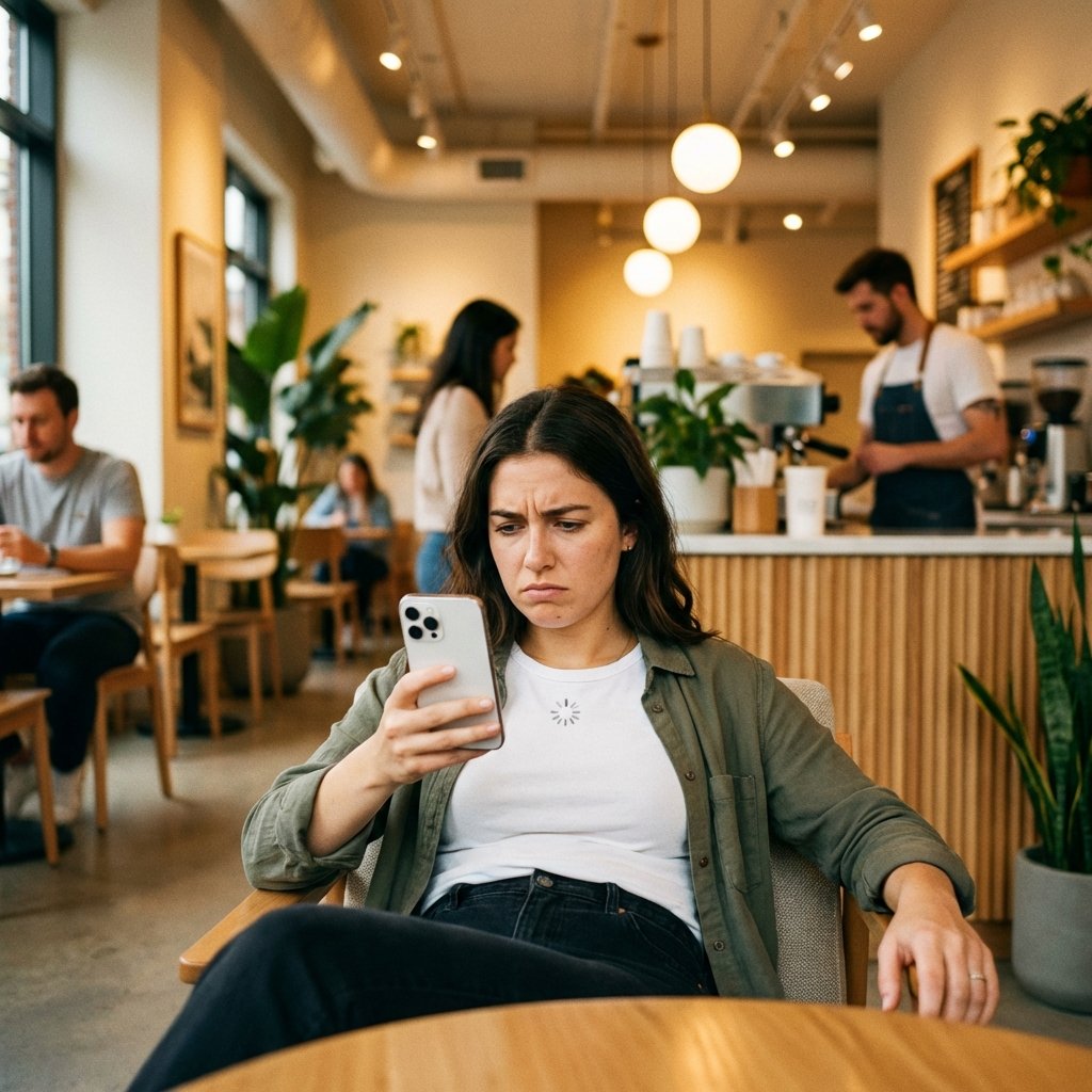 A person looking frustrated while holding an iPhone in a modern cafe setting, the screen shows a blank social media feed, warm indoor lighting, lifestyle photography, 1:1 aspect ratio, no text.