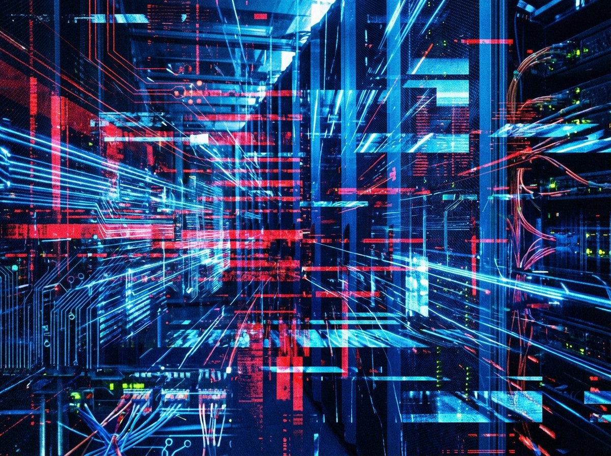 Abstract digital representation of a server room with glowing blue and red lights, technical glitch patterns, futuristic data center atmosphere, 4:3 aspect ratio, high contrast, no text.