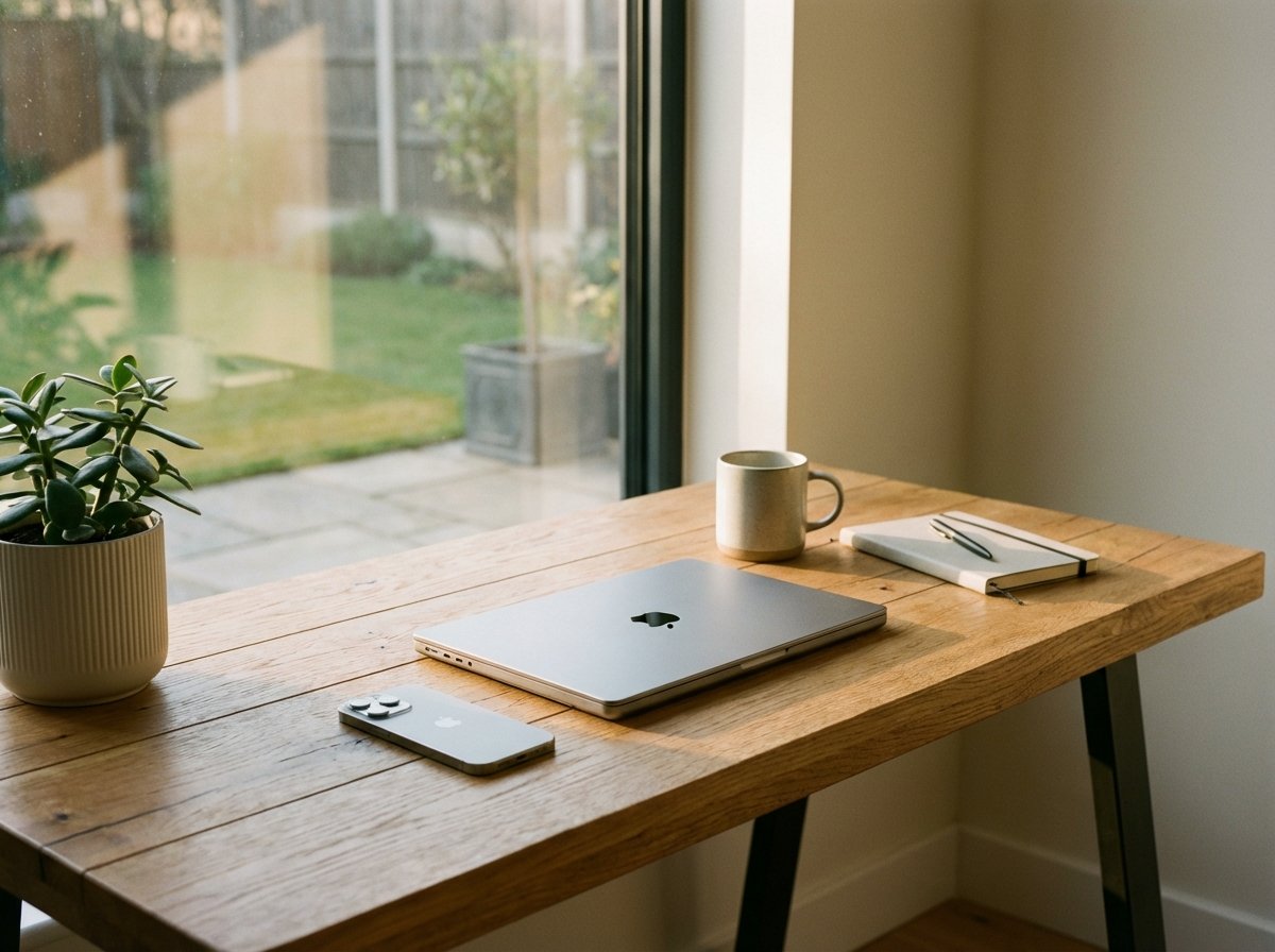 A clean and organized modern workspace with a laptop and an iPhone on a wooden desk, soft natural morning light coming through a window, peaceful atmosphere, 4:3 aspect ratio, no text.