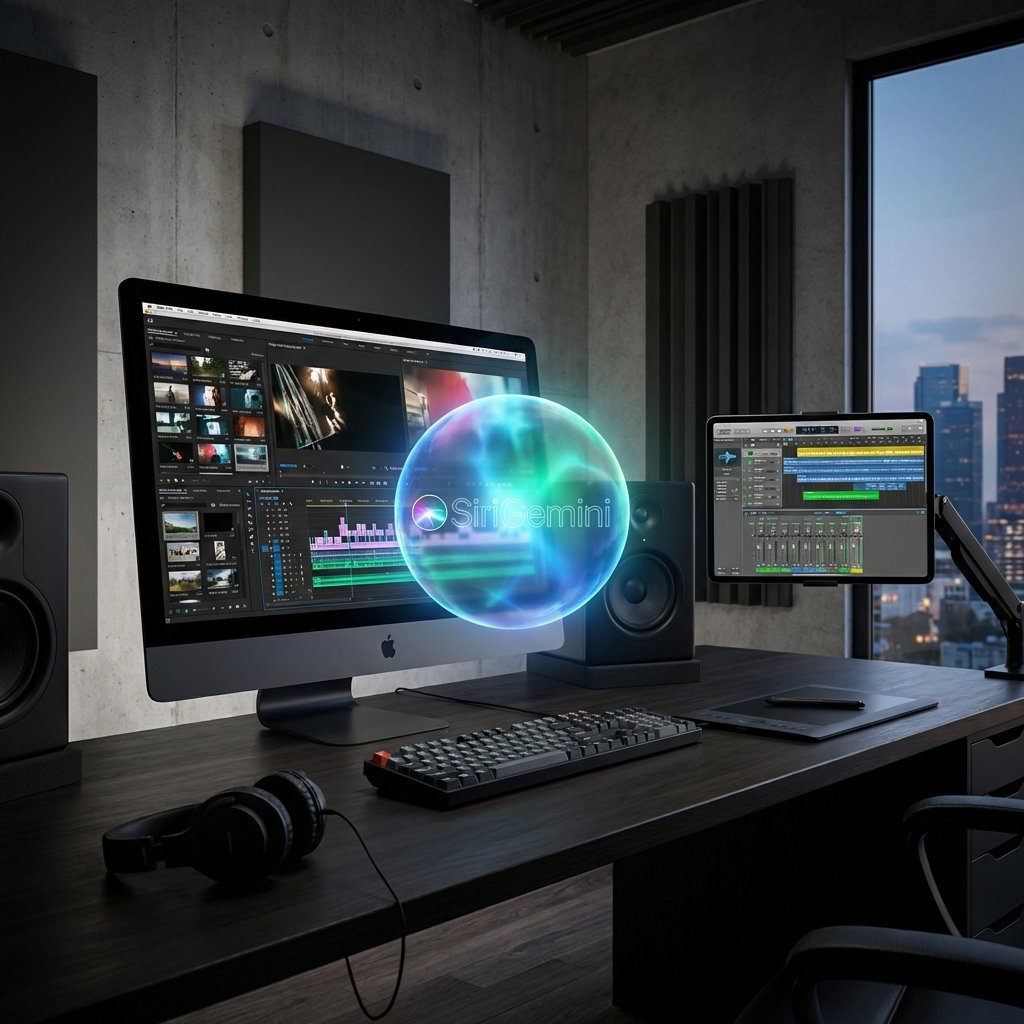 A professional creative workspace featuring an iMac and iPad Pro displaying advanced video editing and music production software, with a subtle glowing AI orb representing Siri and Google Gemini integration, 1:1, no text, modern high-tech aesthetic, high contrast