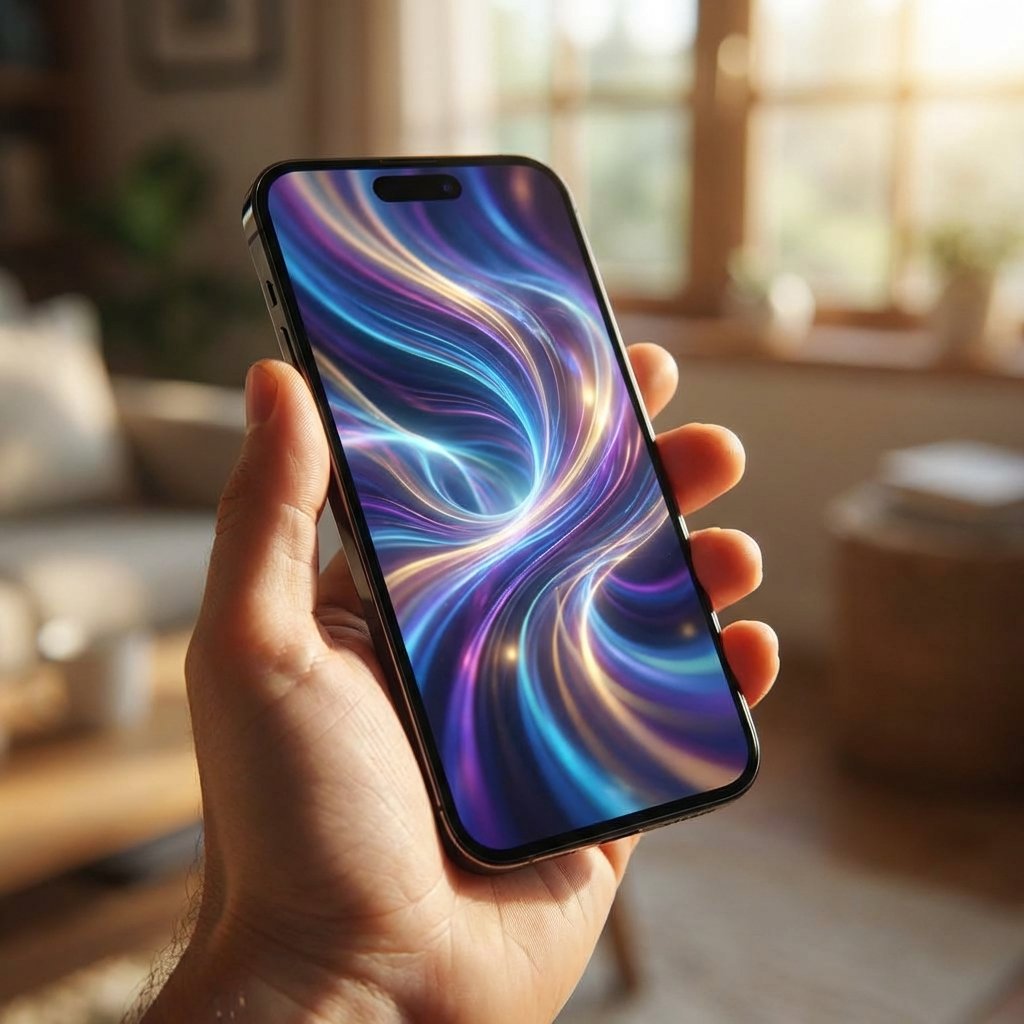 Close up of a hand holding an iPhone 17 showing a colorful and sophisticated Siri interface with flowing light patterns, representing advanced Google Gemini AI capabilities, lifestyle photography, warm natural lighting, 1:1, no text