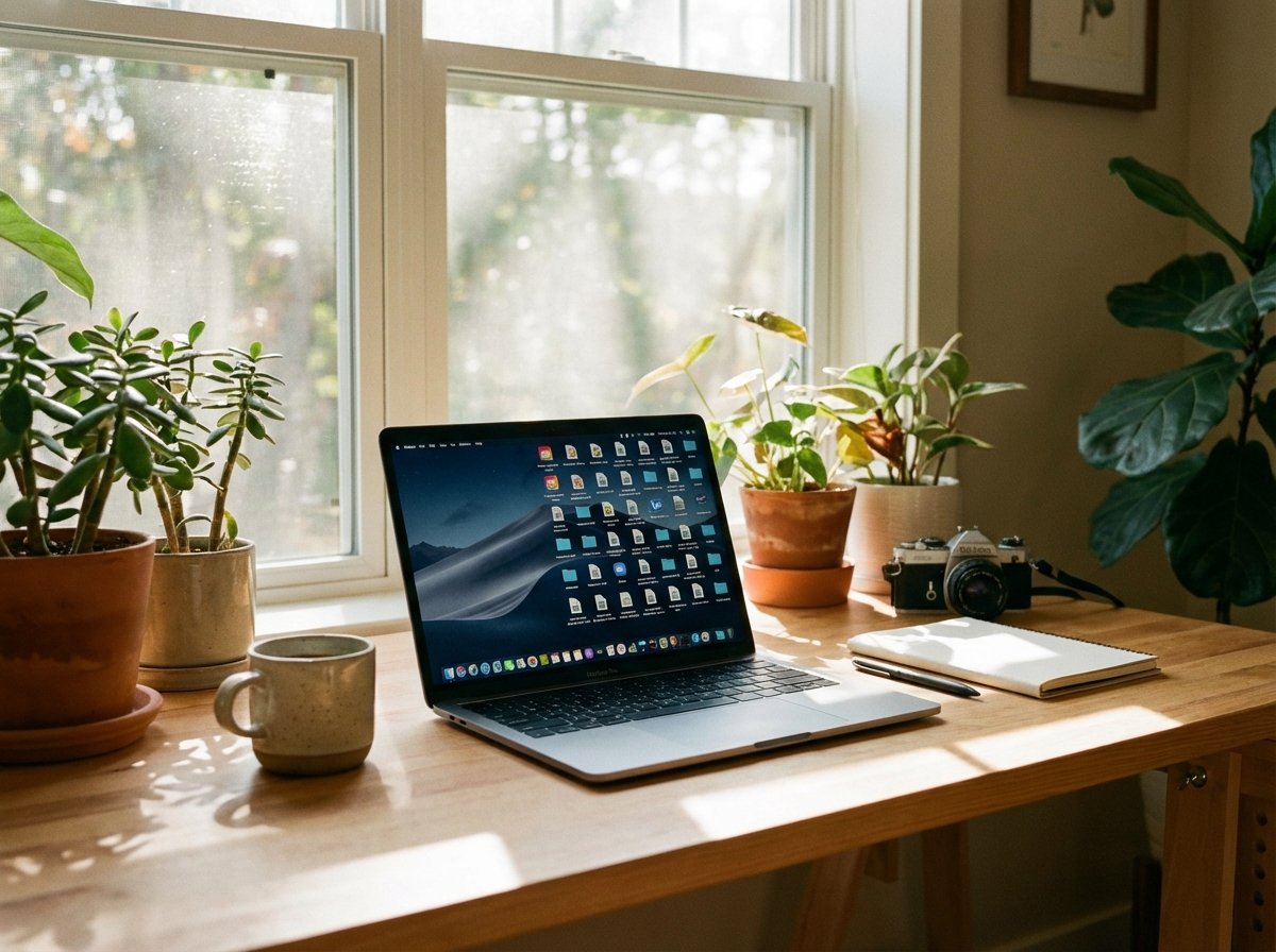 Lifestyle photography of a clean workspace with a MacBook Pro showing multiple installer disk image icons on the desktop warm natural lighting 4:3 aspect ratio no text
