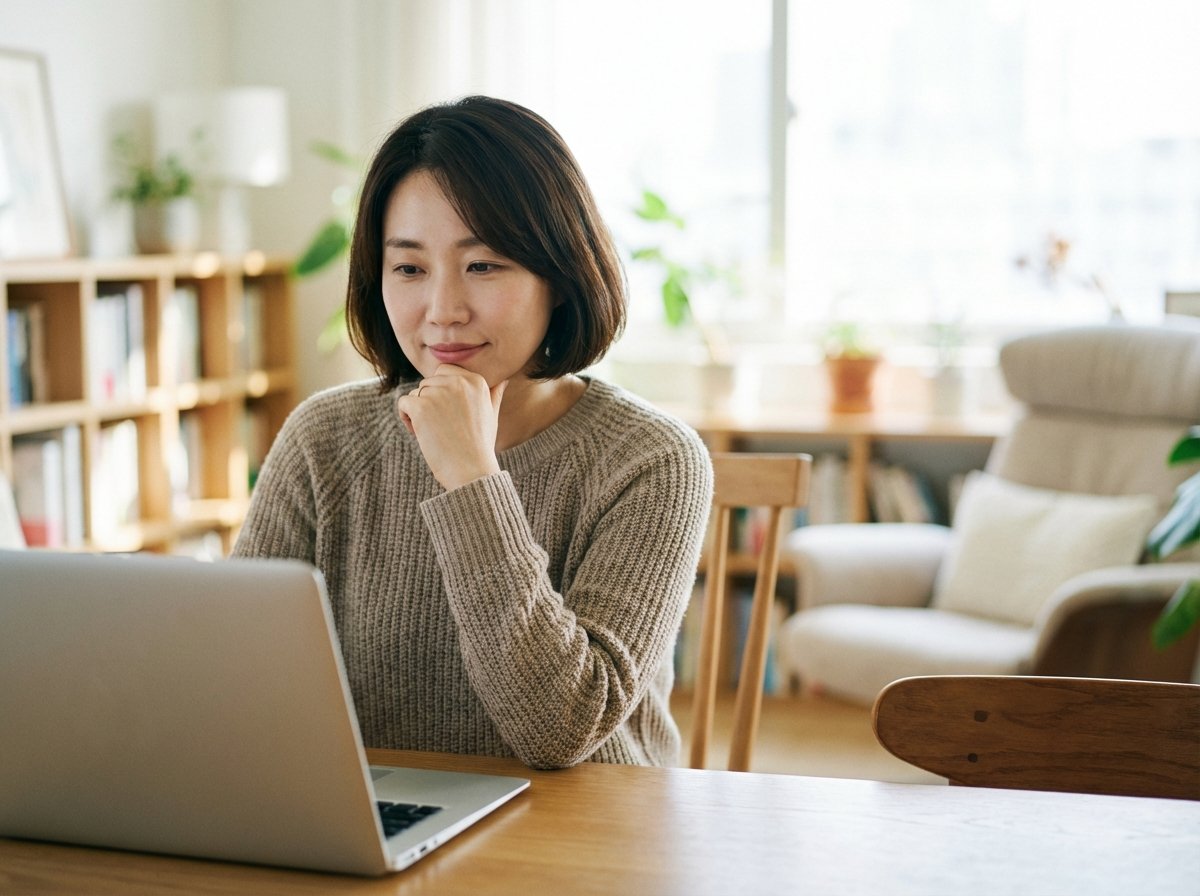 A Korean person looking at a laptop with a thoughtful but calm expression in a bright home office soft focus background realistic style 4:3 aspect ratio no text