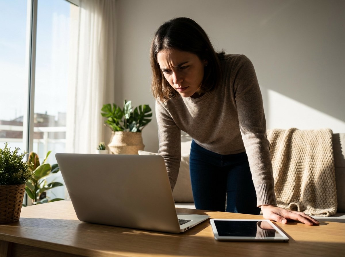 A young professional person using a laptop and tablet in a bright living room, focused expression, cozy atmosphere, high contrast, minimalist interior, 4:3, no visible text