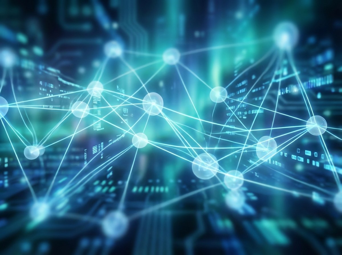 Abstract visualization of digital data flowing through a neural network, glowing lines and soft gradients, futuristic and professional, blue and teal tones, 4:3, no visible text