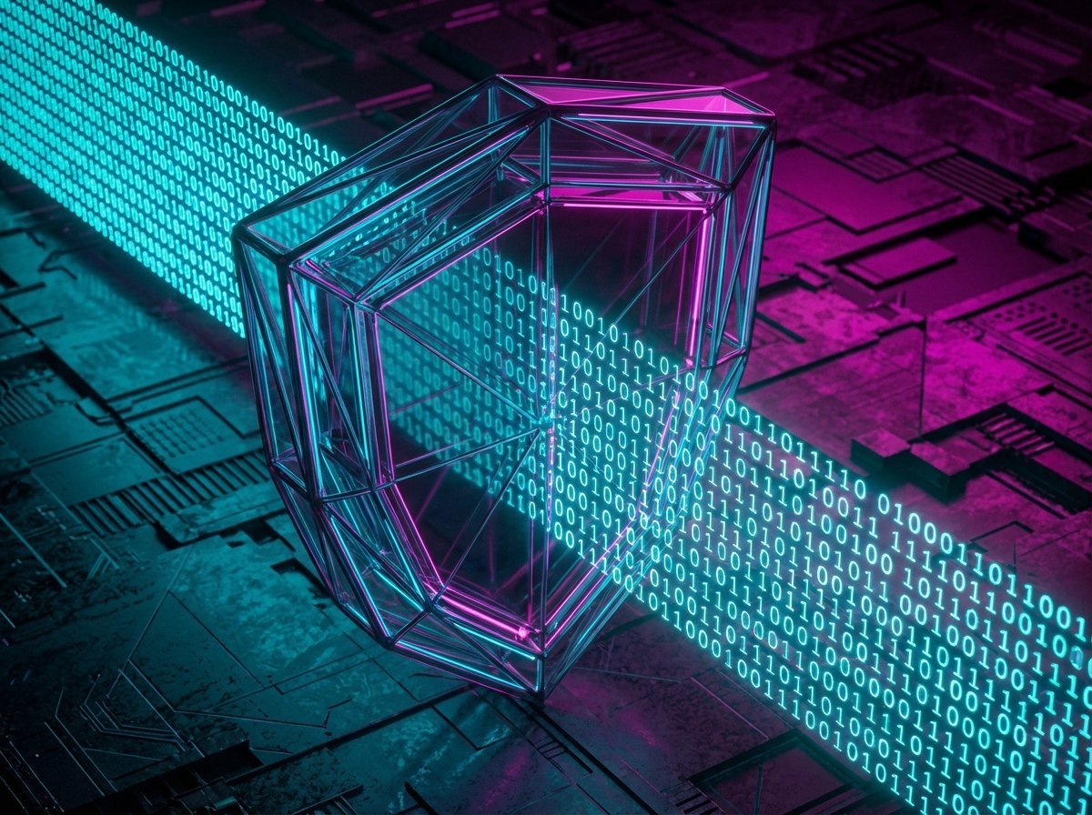 An artistic rendering of a glowing shield protecting a stream of binary data. The style is futuristic with deep cyan and magenta neon lights. Textured background, centered focus. 4:3, no visible text.