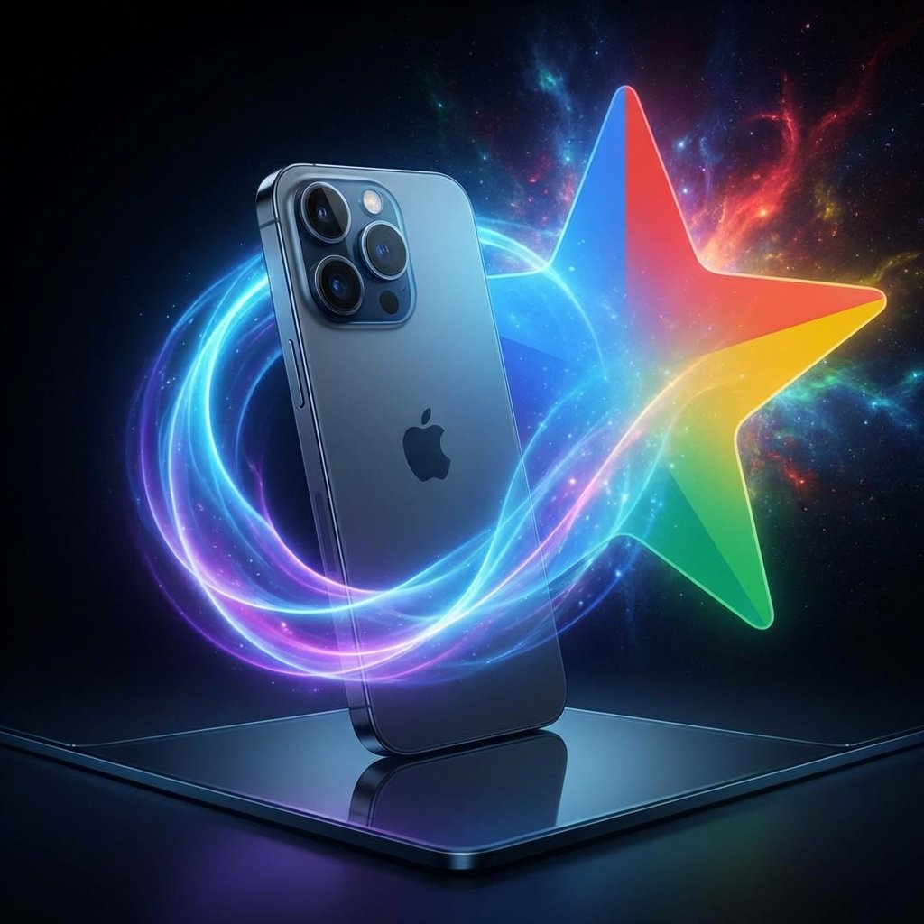 A clean and modern infographic showing the collaboration between Apple and Google Gemini. The image features a sleek iPhone with a glowing AI aura representing Siri, subtly blended with Google Gemini's colorful abstract star logo in the background. High contrast, professional tech aesthetic, 1:1 aspect ratio, no text.