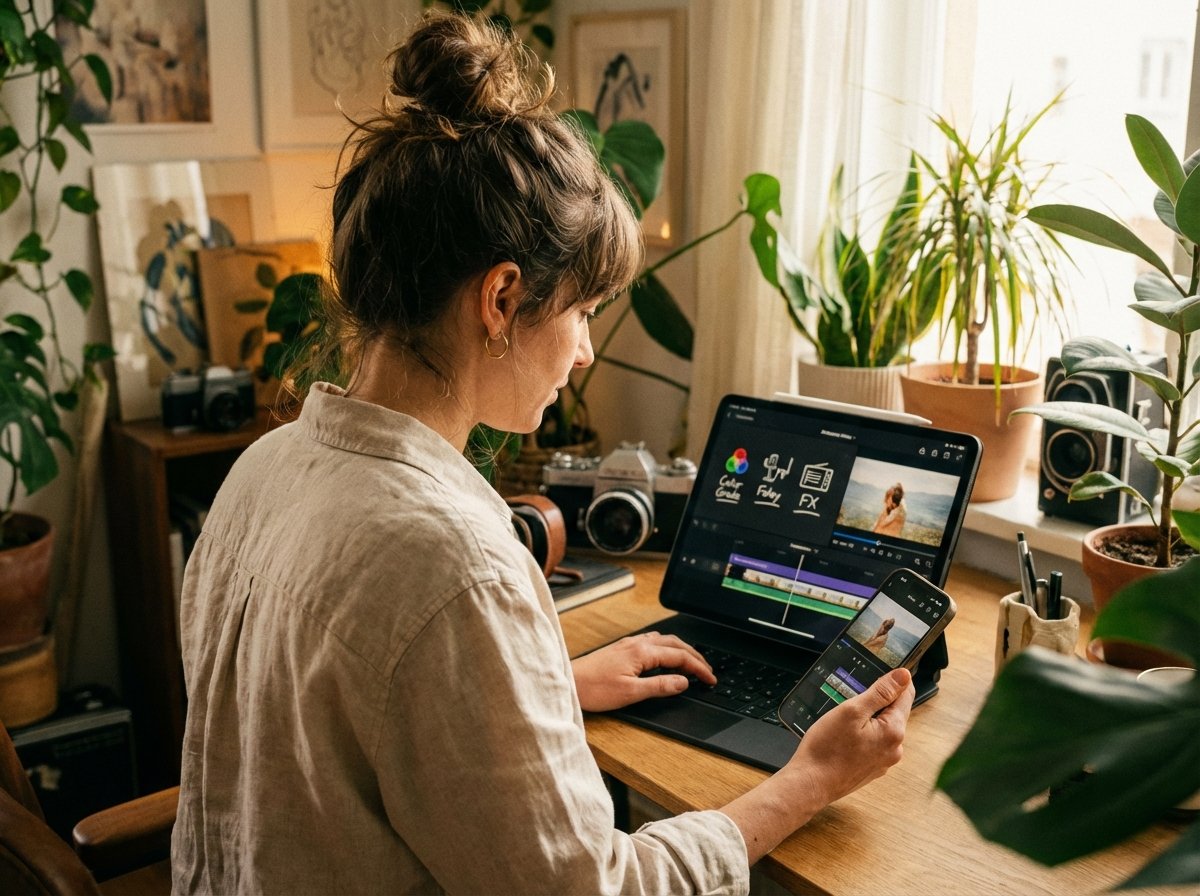 A lifestyle photography shot of a creative person using an iPad and iPhone to edit high-quality video content. The screen shows a professional-looking interface with unique creative icons. Warm lighting, natural studio setting, modern devices, 4:3 aspect ratio, no text.