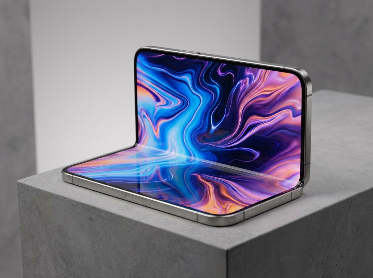 An artistic rendering of a futuristic foldable iPhone. The device is partially folded, showing a seamless and high-resolution OLED display with vibrant colors. The design is thin and elegant with a titanium frame. Minimalist background, professional lighting, 4:3 aspect ratio, no text.