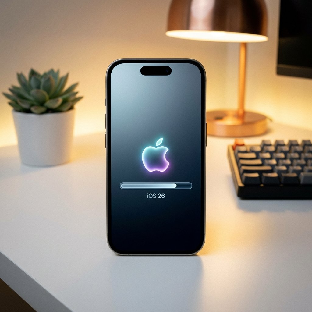 A close-up shot of an iPhone screen showing a smooth software update progress bar with the iOS 26 logo. The background is a clean and aesthetic desk setup with soft ambient lighting. Modern tech vibe, 1:1 aspect ratio, no text.