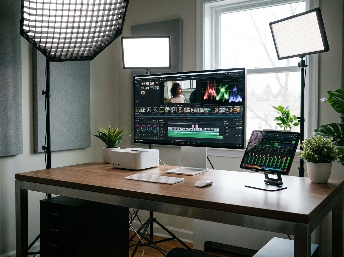 Professional workspace with a Mac Studio and iPad Pro displaying advanced video and audio editing software, high-end studio lighting, modern and clean aesthetic, 4:3, no visible text