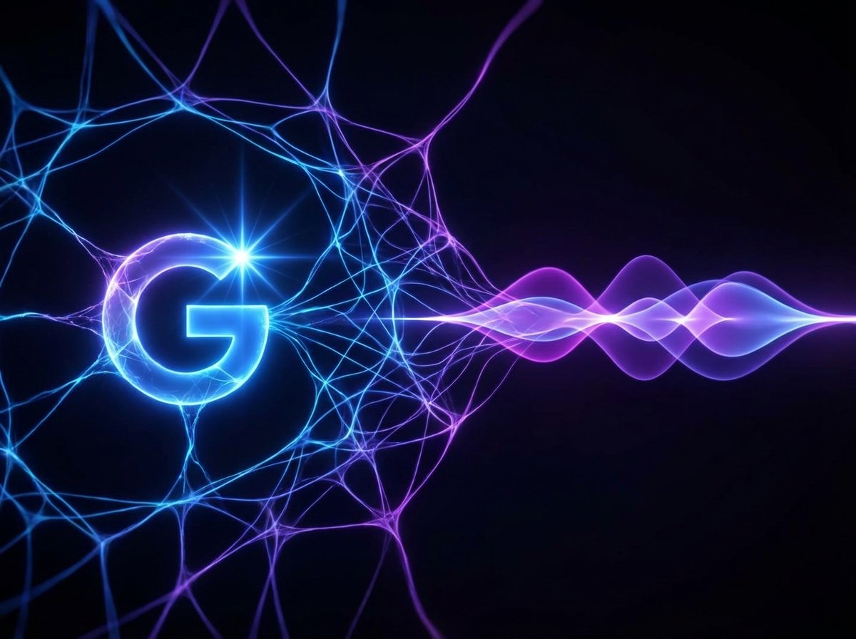 Abstract representation of a glowing neural network connecting a Google Gemini logo-inspired light with an Apple Siri wave animation, high contrast, blue and purple tones, 4:3, no visible text