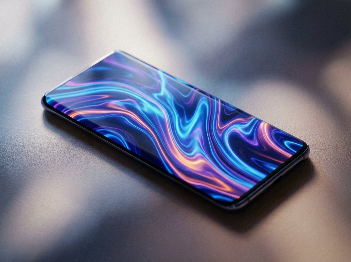 Close up of a futuristic smartphone screen with no visible notch or cutout, showing a vibrant wallpaper, professional product photography, soft shadows, 4:3, no visible text