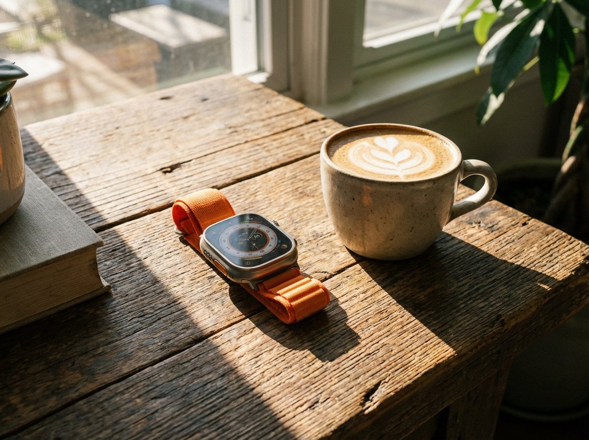 A high-quality lifestyle photograph of an Apple Watch Ultra with a titanium case and orange Alpine Loop band, resting on a wooden table next to a coffee cup, natural morning sunlight, 4:3 aspect ratio, no visible text.