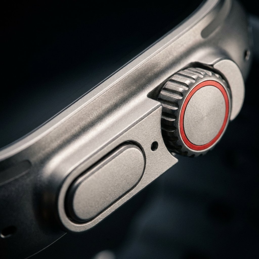 Close-up macro shot of the Apple Watch Ultra titanium side button and Digital Crown, metallic texture, professional product photography lighting, dark background, 1:1 aspect ratio, no text.