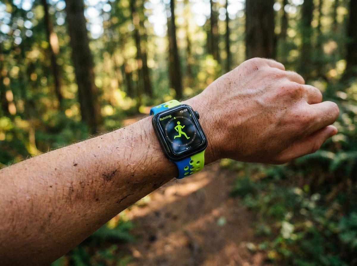 A person wearing a sport band Apple Watch while running on a forest trail, focusing on the wrist, blurred natural background, dynamic motion feel, 4:3 aspect ratio, no text.