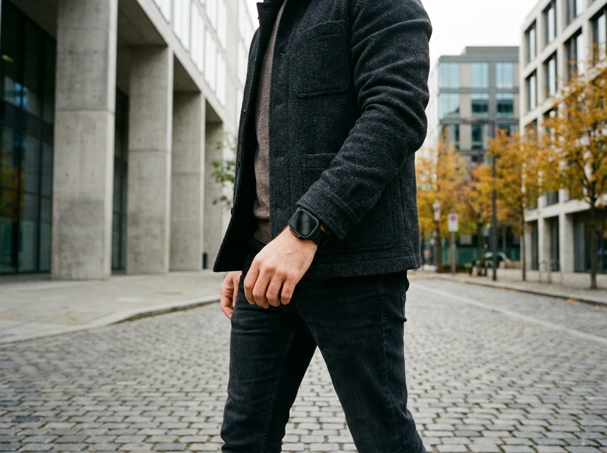 Natural lighting shot of a man wearing an Apple Watch Ultra with a black titanium finish, casual city outfit, modern urban background, 4:3 aspect ratio, no text.