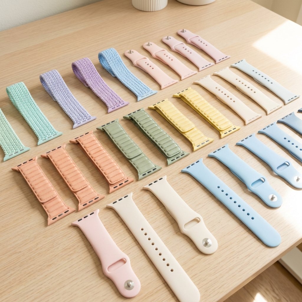 Multiple Apple Watch bands in different colors and materials arranged neatly on a clean desk, flat lay composition, pastel tones, 1:1 aspect ratio, no text.