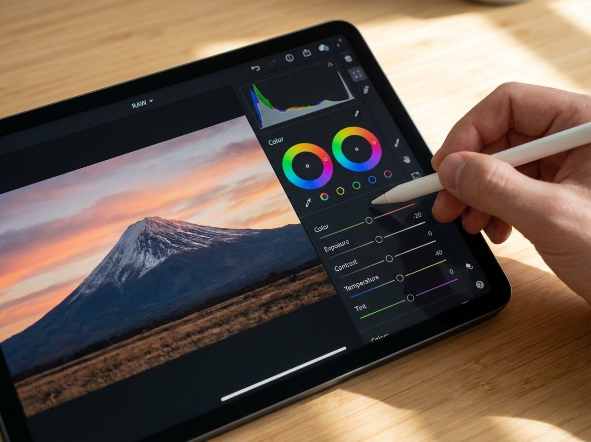 A professional photo editing interface on an iPad screen, focusing on color grading and RAW image processing, sleek modern UI with sliders and histogram, professional artist hand using Apple Pencil, 4:3, no visible text