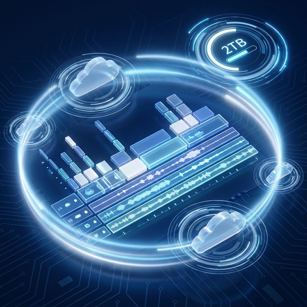 Cloud storage icons floating around a professional video editing timeline, 2TB storage capacity indicator, high-tech aesthetic, glowing blue and white digital theme, professional and clean, 1:1, no visible text
