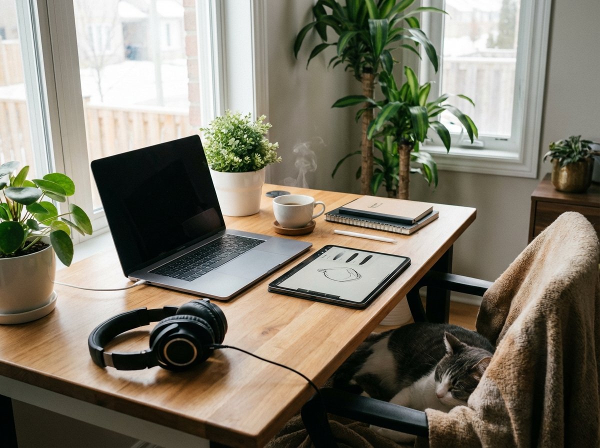 A creative workspace featuring a MacBook Pro, iPad Pro, and professional headphones on a wooden desk, soft natural lighting from a window, high-quality lifestyle photography, cozy and productive atmosphere, 4:3, no visible text