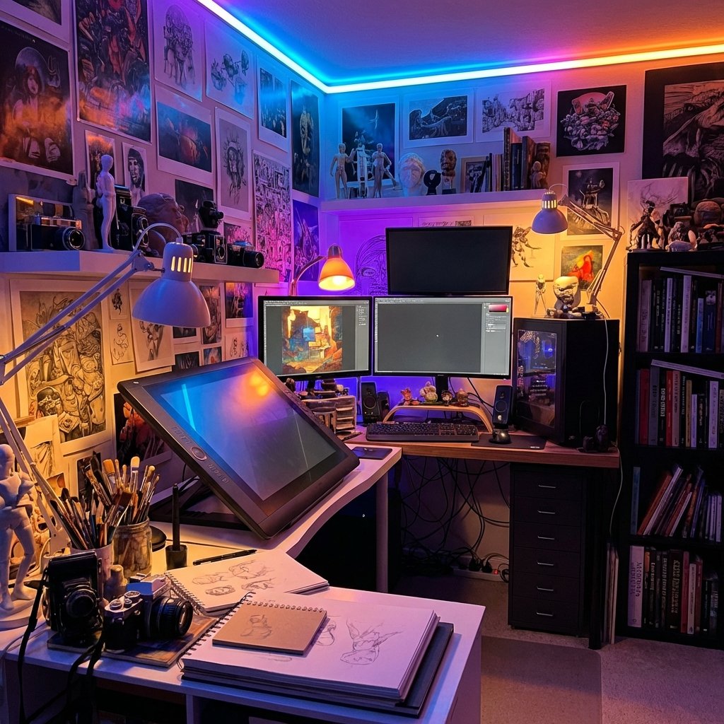 A digital artist studio filled with creative inspiration, neon lights subtly reflecting on gear, cinematic lighting, ultra-detailed composition of high-end technology and art tools, 1:1, no visible text