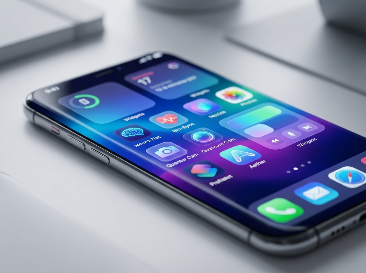 A futuristic smartphone screen displaying a clean and modern iOS 27 user interface, vibrant icons, high resolution, soft studio lighting, depth of field, 4:3 aspect ratio, no text.