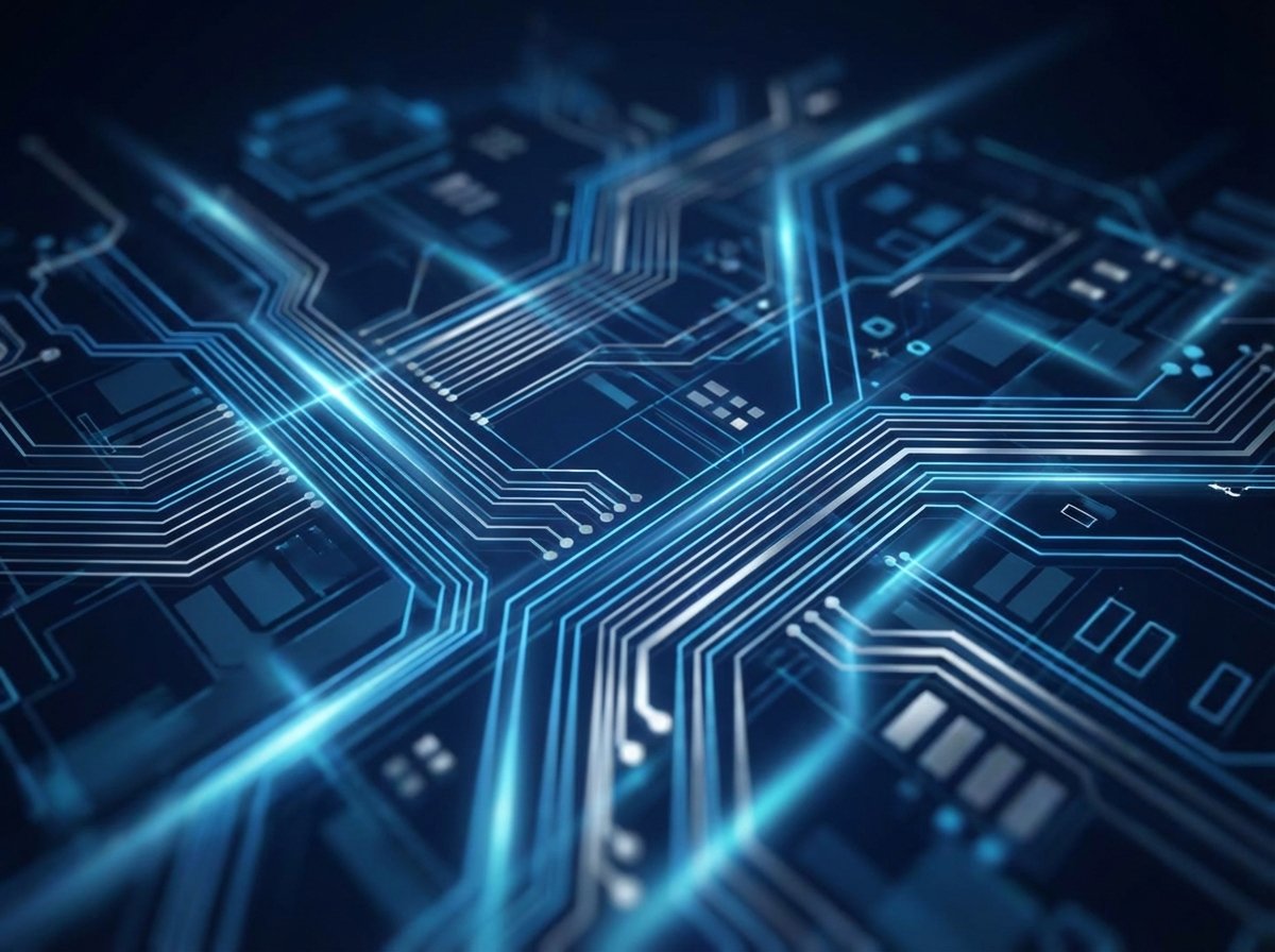 Abstract technology background representing software stability and optimization, glowing circuitry lines, clean minimalist design, deep blue and silver tones, 4:3 aspect ratio, no text.