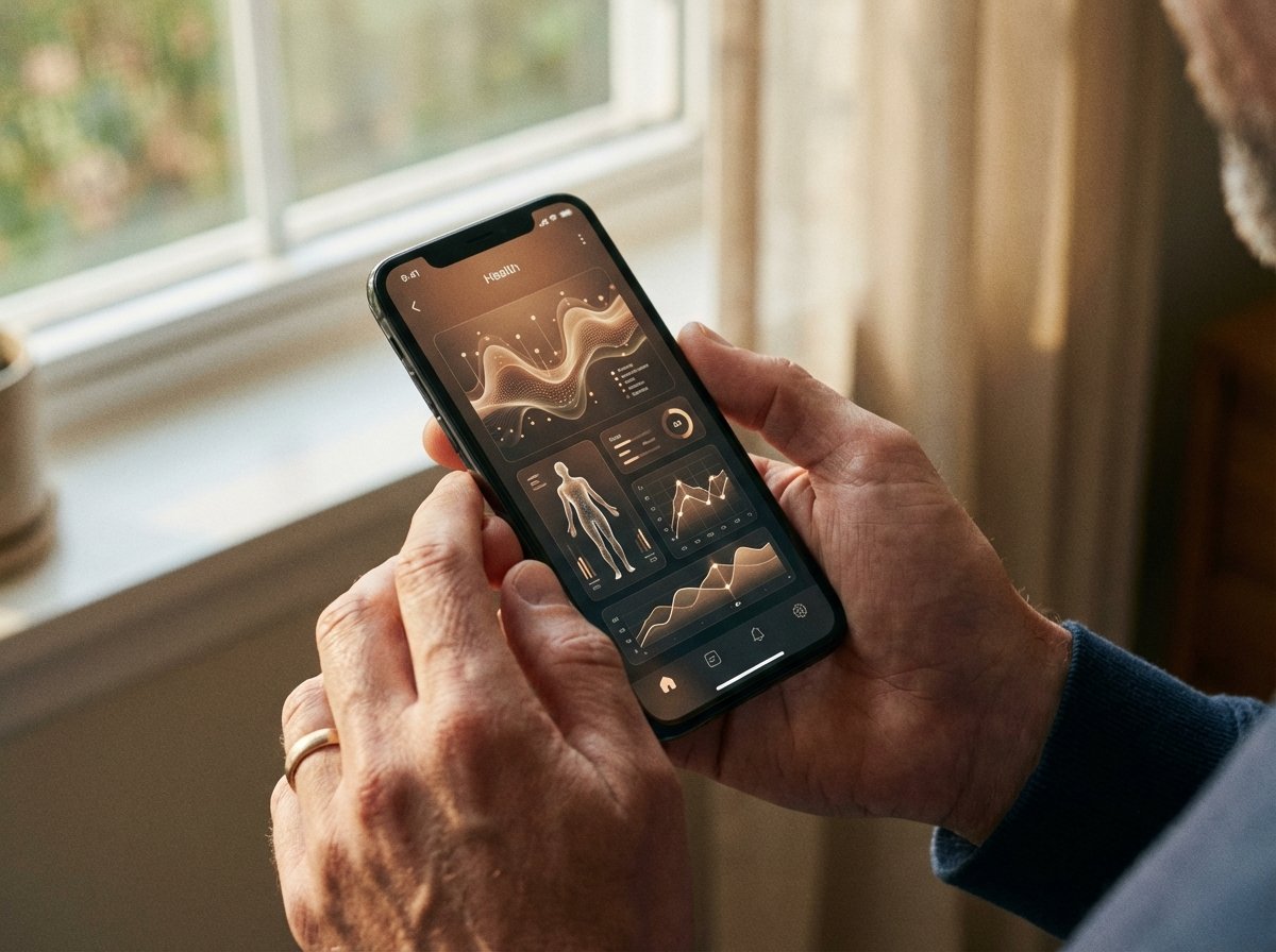 Close up of a person holding a smartphone showing a health app with AI data visualization, clean infographics, natural daylight, warm atmosphere, 4:3 aspect ratio, no text.