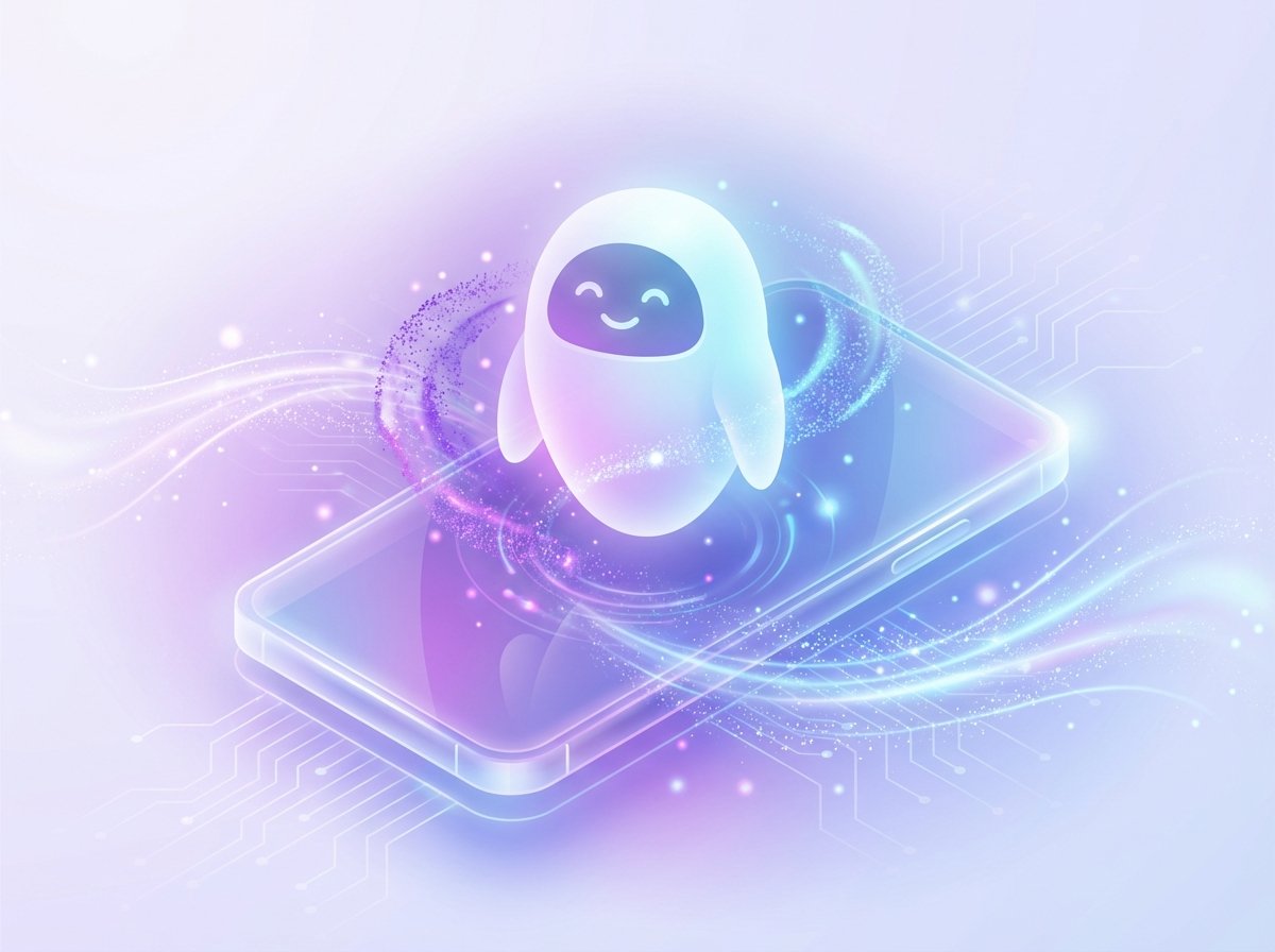Conceptual illustration of a friendly AI assistant glowing on a phone screen, soft light particles, modern high-tech aesthetic, purple and blue gradients, 4:3 aspect ratio, no text.
