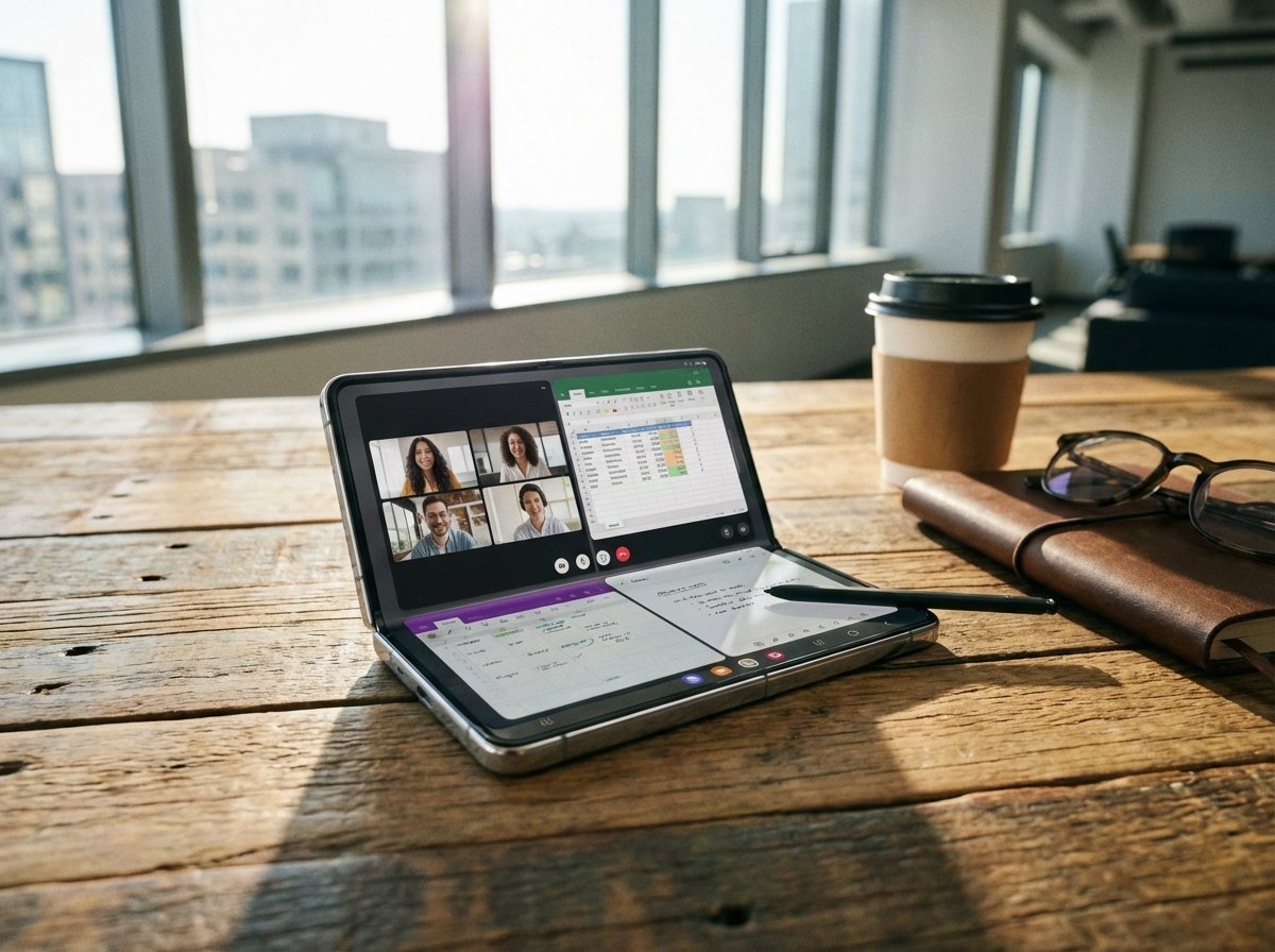 Professional lifestyle photo of a foldable smartphone on a wooden desk, displaying multiple app windows simultaneously, bright office lighting, 4:3 aspect ratio, no text.
